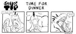 anthro anthro_on_anthro blowjob blush blushing comic cum cum_in_mouth cum_inside dialogue english_text erection faceless_male fangs fellatio gay long_tongue male male/male male_only mouth_open muscular penis sex spedumon text tongue_out