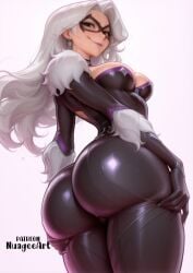 1girl ai_generated artist_name ass ass_focus ass_grab ass_support black_bodysuit black_cat_(marvel) black_cat_(marvel_rivals) blush bodysuit breasts closed_mouth earrings felicia_hardy from_behind from_below fur_trim gloves grabbing_own_ass green_eyes jewelry large_breasts lips long_hair looking_at_viewer looking_back looking_down marvel marvel_comics marvel_rivals mask nuageeart questionable sensitive shiny shiny_clothes simple_background skin_tight smile solo spider-man_(series) sweat thick_thighs thighs wet white_background white_hair