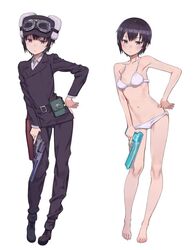 beach belt bikini bottomwear clothing eyewear female firearm footwear handgun headgear human kino kino_no_tabi official_art outerwear pale_skin revolver swimwear tomboy topwear water_gun weapon