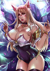 ahri alternate_costume big_breasts blonde_female breasts cleavage female female_only k/da_ahri k/da_series kachima large_breasts league_of_legends lipstick looking_at_viewer solo thighhighs