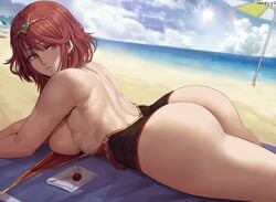 1girls ass beach big_breasts breasts cutesexyrobutts_(style) female female_focus female_only high_heel_boots highres letter nintendo on_stomach one-piece_swimsuit outdoors pyra red_eyes red_hair shexyo short_hair solo solo_female solo_focus super_smash_bros. super_smash_bros._ultimate swimsuit xenoblade_(series) xenoblade_chronicles_2