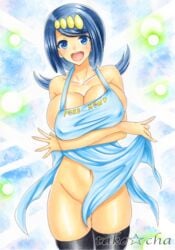 1girls apron blue_hair breast_squeeze breasts cleavage female female_only heart human human_only lana's_mother_(pokemon) large_breasts looking_at_viewer milf naked_apron pokemon pokemon_sm sketch solo standing takecha text thighhighs