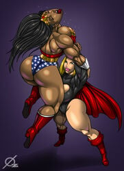 2girls ass dark_skin dc dc_comics lipstick multiple_girls muscle muscular_female osmar-shotgun power_girl tongue_out wonder_woman wonder_woman_(series)