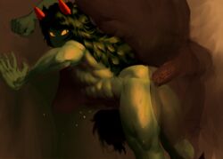 1boy 1girls ass black_hair breasts female green_skin homestuck horns idlecil long_hair ms_paint_adventures muscular muscular_female nipple penis straight the_disciple troll vaginal_penetration yellow_eyes