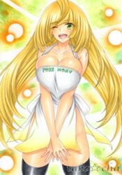 1girls aether_foundation alternate_breast_size alternate_costume apron blonde_hair breast_squeeze breasts huge_breasts human large_breast large_breasts lusamine_(pokemon) milf naked_apron nintendo pokemon pokemon_sm sketch solo takecha text