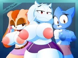 alternate_breast_size anthro belt big_breasts blue_fur breasts brown_eyes caprine cartoon_network clothed clothing crossover exposed_breasts eyelashes feline female female_only fur furry goat group huge_breasts lagomorph mammal mature_female mother nicole_watterson nipples parent rabbit red_eyes reo-slickehedge sega skirt slickehedge sonic_(series) the_amazing_world_of_gumball toriel undertale vanilla_the_rabbit video_games white_fur yellow_eyes