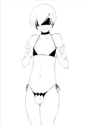 1boy balls femboy flaccid girly khexxi male male_focus male_only monochrome nier nier:_automata panties penis testicles trap yorha_9s
