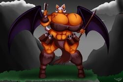 2017 anthro axe bat big_breasts breasts cleavage clothed clothing female huge_breasts hyper hyper_breasts mammal melee_weapon muscular muscular_female polearm rouge_the_bat scar solo sonic_(series) spear supersonicrulaa weapon wings