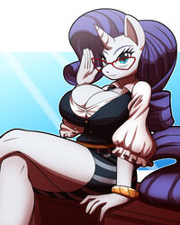 5_fingers anthro big_breasts bracelet breasts cleavage clothed clothing equine eyebrows eyelashes eyewear female friendship_is_magic glasses horn huge_breasts jewelry kojiro-highwind mammal my_little_pony rarity_(mlp) skirt solo unicorn