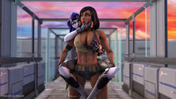 16:9 3d abs alternate_costume between_legs black_eyes black_hair breasts dark-skinned_female dark_skin duo female female_only highres interracial large_breasts looking_at_another muscles muscular muscular_female overwatch pharah pharah-best-girl source_filmmaker talon_widowmaker widowmaker yuri