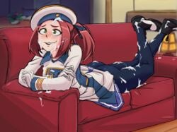 absurdres ass blush couch cum_drip cum_on_ass cum_on_clothes cum_on_hair cum_on_legs dress eleanor_hume facial female gloves green_eyes hat highres indoors lying on_stomach open_mouth pantyhose patrickdja red_hair skirt smile solo tales_of_(series) tales_of_berseria twintails