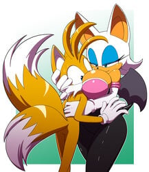 2017 2d anthro bat between_breasts big_breasts breast_smother breasts canine cleavage clothed clothing duo female fox hi_res hug huge_breasts kojiro-highwind male mammal mobian mobian_(species) mobian_bat rouge_the_bat sega shiny smile smothering sonic_(series) sonic_adventure_2 sonic_the_hedgehog_(series) sweat tails