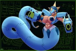 2017 abs areola arm_cannon ber00 big_breasts breasts erect_nipples female lamia large_breasts large_nipples machine medabots medarot muscles muscular muscular_female nipples red_eyes robot seagaru six_pack solo solo_female tail