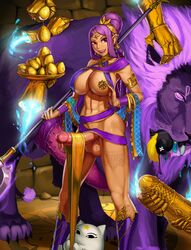 1futa aka6 animal_genitalia balls big_breasts breasts cleavage durga_(p&d) erection feline futa_only futanari highres huge_cock intersex large_balls large_penis lion long_hair looking_at_viewer medjedra open_mouth penis pink_eyes pointy_ears purple_hair puzzle_&_dragons smile solo testicles uncensored