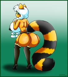 2017 anthro ass big_breasts big_butt breasts bubble_butt cornchip21 female freckles fur hair hi_res huge_breasts huge_butt looking_back mammal mostly_nude nipples norithics orange_fur ringtail sideboob simple_background smile solo sunni_smiles thick_thighs white_hair