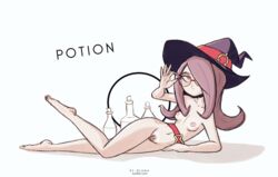 belt breasts female glasses hair_over_one_eye hat kt-draws little_witch_academia long_hair looking_at_viewer lying nipples nude on_side pink_eyes potion pubic_hair smile solo straight_hair sucy_manbavaran witch_hat