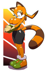 2017 anthro big_breasts bike_shorts breasts cleavage clothed clothing female hi_res huge_breasts kojiro-highwind leggings mammal marine_the_raccoon raccoon solo sonic_(series)