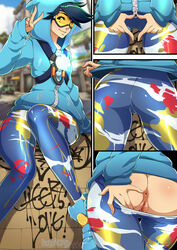 alternate_costume anus ass chronal_accelerator female female_only gesture graffiti_tracer harness hizzacked human overwatch presenting pussy pussy_juice solo streetwear tracer v_sign