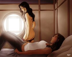 2girls asami_sato ass avatar_legends blush breasts canon_couple chocolate_and_vanilla clothing dark-skinned_female dark_skin drakyx female female_only human imminent_sex interracial korra light-skinned_female medium_breasts multiple_girls panties smooth_skin the_avatar the_legend_of_korra undressing water_tribe yuri