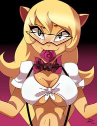 anthro blonde_hair blush bowtie breasts callie_briggs cleavage condom dalley_le_alpha feline female front-tie_top furry glasses green_eyes long_hair looking_at_viewer mouth_hold navel plaid smile solo suspenders swat_kats sweat