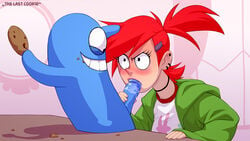 1boy 1girls angry bloo blush cartoon_network clothing cookie erection fellatio female foster's_home_for_imaginary_friends frankie_foster human kotaotake male oral penis prostitution red_hair straight