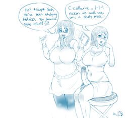 2girls balls big_balls blush bulge caption catherine clothes futanari gaikiken glasses heart intersex large_breasts large_penis monochrome speech_bubble