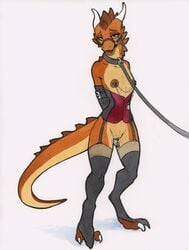 2018 anthro blue_eyes breasts claws collar digitigrade eyelashes female gag horn leash lizard nipples pussy reptile ruaidri scalie solo traditional_media_(artwork)