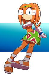 2017 anthro big_breasts black_nose blue_eyes boobs breasts clothing dreadlocks echidna eyelashes feet female footwear fully_clothed gloves kojiro-brushard kojiro-highwind looking_at_viewer mammal monotreme orange_skin sandals solo sonic_(series) tikal_the_echidna toes under_boob