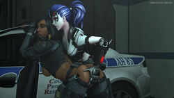 16:9 3d alternate_costume ass black_eyes black_hair breasts dark-skinned_female dark_skin duo female female_only finger_fuck finger_in_mouth fingering highres interracial overwatch pharah pharah-best-girl police police_uniform sex source_filmmaker talon_widowmaker uniform vaginal_penetration widowmaker yuri