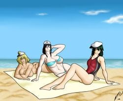 arm_behind_head beach bikini black_hair blonde_hair blush breast_press breasts crossover flower_knight_girl green_hair hat heterochromia kantai_collection kiso_(kantai_collection) large_breasts looking_at_viewer minamitsu_murasa morbo22 on_stomach one-piece_swimsuit one_piece_swimsuit touhou towel yuri_(flower_knight_girl)