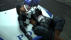 16:9 3d alternate_costume ass between_legs black_eyes black_hair breasts dark-skinned_female dark_skin female highres interracial looking_at_another overwatch pharah pharah-best-girl police police_uniform sexually_suggestive source_filmmaker talon_widowmaker uniform widowmaker yuri