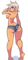 ass ass_cleavage average-hanzo back barefoot blazblue blazblue:_chronophantasma blonde_hair breasts bullet_(blazblue) butt_crack cutoffs dark-skinned_female dark_skin denim denim_shorts female looking_at_viewer looking_back nipples panties shorts sideboob solo standing topless