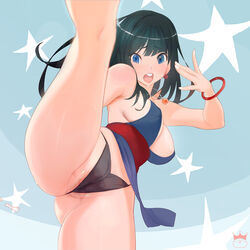 ass black_hair blue_eyes blush bracelet breasts chichi cleavage covered_nipples dragon_ball earrings female high_kick jewelry kicking looking_at_viewer necklace one_leg_raised open_mouth pink_crown pubic_hair pubic_hair_peek pussy_juice shounen_jump sideboob sleeveless solo teeth