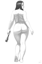 ass back barefoot blush female hammer highres long_hair looking_at_viewer looking_back lvl monochrome nude original scar solo tool