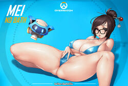 bikini breasts chubby cleavage curvy eyewear female glasses looking_at_viewer mei_(overwatch) nipples oinari_risuru overwatch panties snowball_(overwatch) solo_focus spread_legs thick_thighs