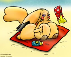 anthro beach big_breasts breasts cleft_tail cornchip21 dragon-heart female huge_breasts mature_female mother nintendo nipples parent pikachu pokémon_(species) pokemon seaside solo squish video_games