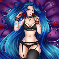 blue_hair breasts jinx-wuz-here jinx_(league_of_legends) league_of_legends legwear lingerie lying on_back tattoo