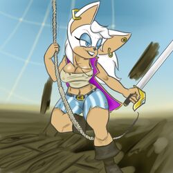 anthro bat big_breasts breasts clothed clothing ear_piercing female hair mammal melee_weapon nukenugget piercing rouge_the_bat smile solo sonic_(series) sword teeth weapon