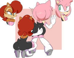 2014 2girls amy_rose amy_the_bat anthro ass big_ass big_butt blue_eyes blush breasts brown_fur chipmunk clothing cloudz cosplay crouching duo female fur furry furry_only green_eyes grin hair happy hedgehog looking_at_viewer mammal pink_fur pink_hair red_hair rodent rouge_the_bat_(cosplay) sally_acorn smile sonic_(series) tail teeth video_games yuri