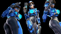 3d alternate_costume ass batesz bodysuit brown_hair cadet_oxton chronal_accelerator female female_only firearm garrison_cap gun handgun looking_at_viewer low-angle_view overwatch pistol solo source_filmmaker tracer uniform weapon