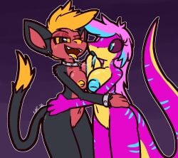2026 4_fingers anthro anthro_on_anthro big_breasts big_nipples black_body black_eyes black_fur blue_body blue_eyes blue_hair blue_nipples blue_pupils blue_scales blue_stripes bodily_fluids bracelet breast_size_difference breast_squish breasts collar duo eyebrows female female/female fingers fur genitals grey_bracelet grey_collar hair haplorhine hip_grab huge_breasts huge_nipples interspecies jewelry lizzy_(blissman2020) looking_at_another looking_at_viewer mammal monkey nipples nude orange_body orange_fur orange_hair orange_nose orange_sclera orange_tongue primate pupils purple_body purple_hair purple_scales purple_sclera raised_eyebrow red_body red_fur red_inner_ear reptile saliva saliva_string scales scalie smile smirk snake squish standing striped_body striped_scales stripes studded_bracelet studded_collar studded_jewelry studs tail tail_tuft talia_(blissman2020) tongue tongue_out tuft ultilix vulva yellow_body yellow_scales