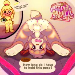 1:1 animal_crossing anthro anus balls bananasecret blush bodily_fluids breasts camera canid canine canis digby_(animal_crossing) digital_media_(artwork) domestic_dog duo feet female folded genitals glistening glistening_body incest_(lore) isabelle_(animal_crossing) male male/female male_focus mammal nervous nintendo nude penis perineum presenting public public_nudity recording shih_tzu speech_bubble spread_legs spreading tail toy_dog vulva