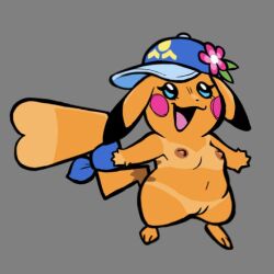 1:1 accessory anthro areola black_ear_tips blue_eyes clothing dipstick_ears ear_markings female feral fur furgonomics generation_1_pokemon genitals grey_background happy hat hat_flower headgear headwear heart_symbol heart_tail inner_labia ms._wavychu multicolored_ears namipika-chan nintendo nipples nude open_mouth open_smile orange_body orange_fur pikachu pink_cheeks pokemon pokemon_(species) pokemon_ww raunchyriot simple_background slightly_chubby smile solo suntan tail tail_accessory tan_line vulva