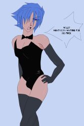 1boy blue_eyes blue_hair bulge bunnysuit dark_skin emo faulty_machinery male_focus