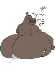 3:4 ambiguous_gender ambiguous_species anthro ass big_butt common_hippopotamus dialogue dreamworks duo english_text facesitting female gloria_(madagascar) hi_res hippopotamid huge_butt hyper hyper_butt j1mm1tov looking_back madagascar_(series) mammal nude olslappo02 reverse_facesitting signature sitting sitting_on_another smile text ych_(character)