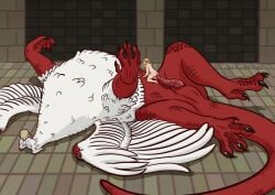 2024 4_fingers 4_toes 5_fingers absurd_res animal_genitalia arm_support arms_bent ass avian barefoot bent_legs black_claws blonde_hair bodily_fluids breasts building capricaprinae cel_shading chimera claws cloaca cloacal_penis closed_eyes delicious_in_dungeon dragon dragon_taur duo elf extreme_size_difference falin_touden feathered_breasts feathers feet female fingers floor genital_fluids genitals gynomorph hair hand_on_belly hands_up hi_res humanoid humanoid_on_taur intersex intersex/female kneeling light_body light_skin long_neck_taur long_tail looking_up lying marcille_donato mythological_creature mythological_scalie mythology nude on_another on_another's_belly on_back painting_(artwork) penetration penile penile_penetration penis penis_in_vagina precum pubic_boot red_body red_scales scales scalie shaded short_hair signature size_difference spread_legs spread_wings spreading tail tapering_penis tapering_tail taur tile tile_floor tile_wall tiny_upper_body toes vaginal_penetration wall_(structure) white_body white_feathers wing_claws wings