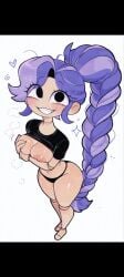 ai_generated black_shirt holding_breast lily_lovebraids playing_with_nipple poppy_playtime poppy_playtime_(chapter_5) purple_hair rolled_up_shirt showing_breasts simple_background smiling smiling_at_viewer