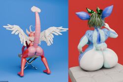 2026 3d_(artwork) adelina_the_love_dragon anthro anus ass blue_anus blue_body blue_fur blue_vulva chest_tuft deer digital_media_(artwork) dragon duo feathered_wings feathers female fluffy_ears fur furniture genitals green_hair hair heartlessangel3d hi_res horn mammal mythological_creature mythological_scalie mythology petra_the_defend_deer pink_body pink_scales raised_tail red_body red_scales scales scalie simple_background sitting stool tail tuft vulva white_body white_feathers white_fur wings