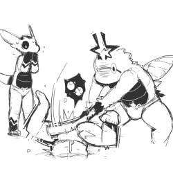2026 antennae_(anatomy) anthro arthropod ballbusting bent_legs black_sclera cock_and_ball_torture faith_(moesouna_gomi) feet genital_torture group holding_bat insects lepidopteran male moesouna_gomi monochrome moth ringula shiva_osuka simple_background soles spread_legs spreading swimwear_only trio white_background wings worried