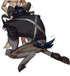 anthro bovid caprine duo fellatio flanco goat holding_horn horn humanoid hybrid identity_v jeffrey_bonavita male male/male mammal oral penile sex tagme tail tail_motion tailwag
